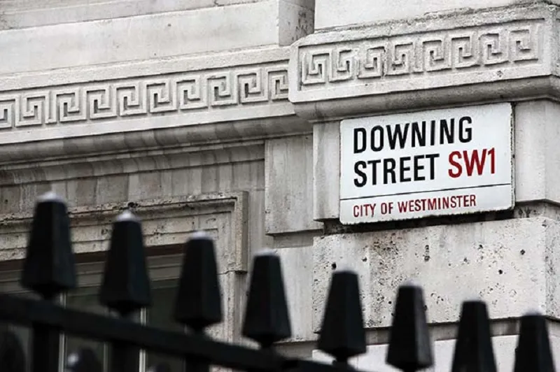 Street sign of Downing Street to signify Prime Minister's residence in Westminster